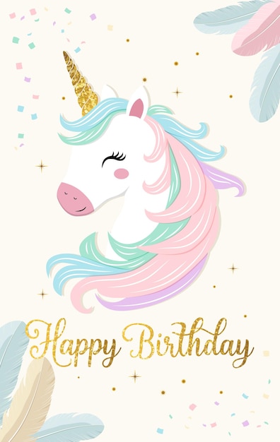 Feliz tarjeta de cumpleaños con un lindo unicornio y texto dorado Modelo de tarjeta de felicitación de cumpleañas de unicornio suave