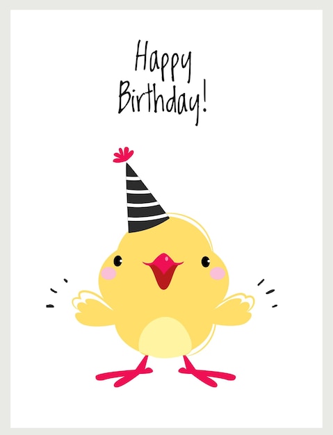 Feliz tarjeta de cumpleaños con pollo amarillo como pájaro de granja Saludo con ilustración vectorial de vacaciones
