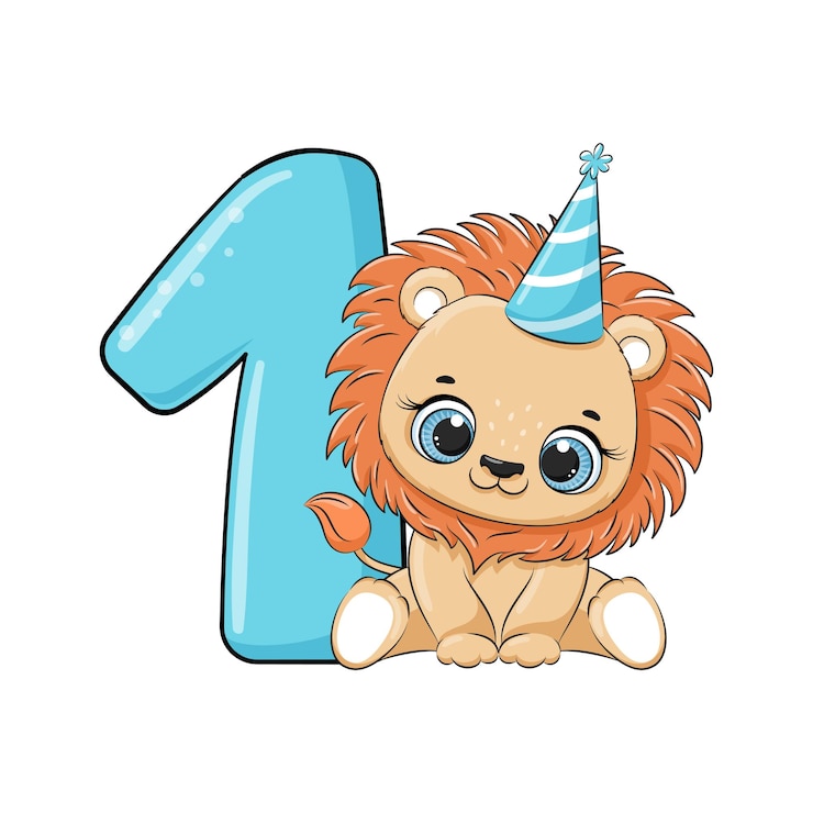 Vector feliz tarjeta de cumpleaños para el primer cumpleaños con ilustración vectorial de león