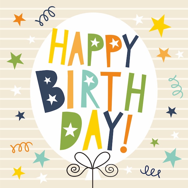 Feliz tarjeta de cumpleaños con texto colorido y globos