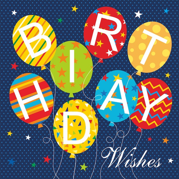 Feliz tarjeta de cumpleaños con texto colorido y globos