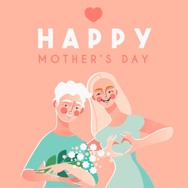 Feliz tarjeta del día de la madre con mujer feliz y su madre