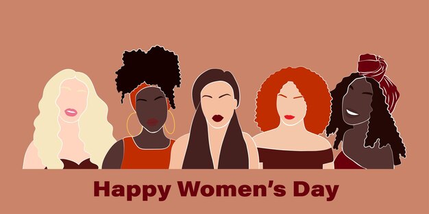Feliz tarjeta del día de la mujer con Cinco mujeres de diferentes etnias y culturas de pie una al lado de la otra Chicas fuertes y valientes se apoyan mutuamente Ilustración vectorial
