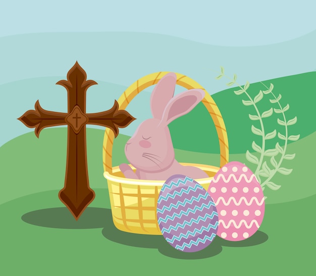 Vector feliz tarjeta del día de pascua con lindo conejo en cesta de mimbre