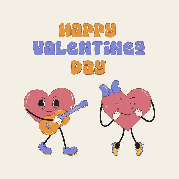 Feliz tarjeta de Día de San Valentín en estilo Groovy La tarjeta es excelente para publicaciones en redes sociales y tarjetas