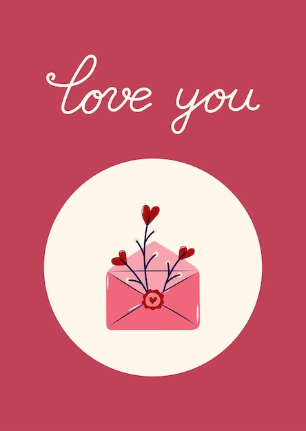 Feliz tarjeta de día de San Valentín con sobre y ramas con hojas en forma de corazón simple linda tarjeta de felicitación