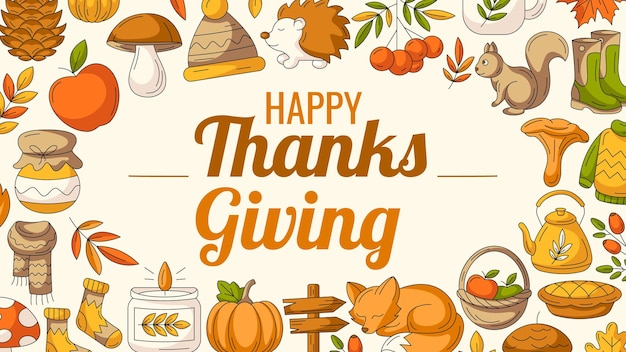 Feliz tarjeta de felicitación de Acción de Gracias pancarta horizontal con elementos de otoño marco vector de otoño acogedor
