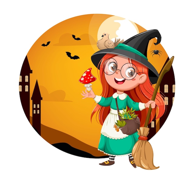 Feliz tarjeta de felicitación brillante de Halloween. Bruja linda chica. Hermoso personaje de dibujos animados de brujita. Ilustración vectorial de stock