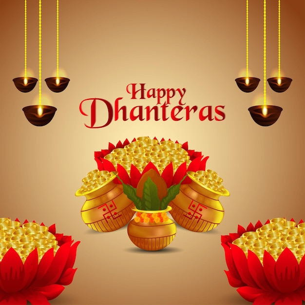 Feliz tarjeta de felicitación de celebración de dhanteras con moneda de oro creativa y kalash
