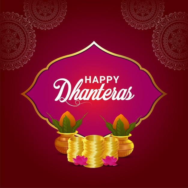 Feliz tarjeta de felicitación de celebración de dhanteras con moneda de oro de vector creativo y kalash
