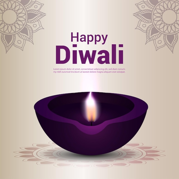 Feliz tarjeta de felicitación de celebración del festival indio de diwali con diwali diya