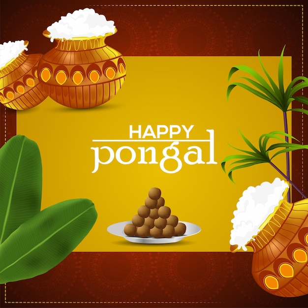 Feliz tarjeta de felicitación de celebración del festival indio pongal con olla de barro