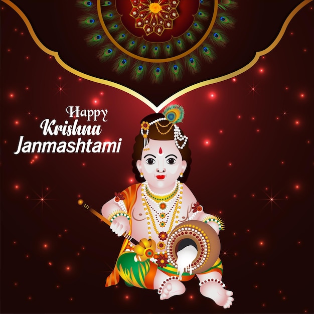 Feliz tarjeta de felicitación de celebración de janmashtami con ilustración de lord krishna