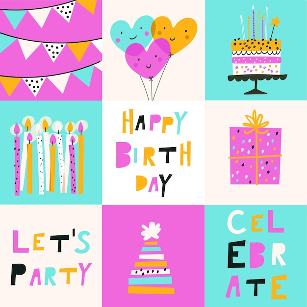 Feliz tarjeta de felicitación de cumpleaños con globos de velas de pastel y decoraciones de fiesta