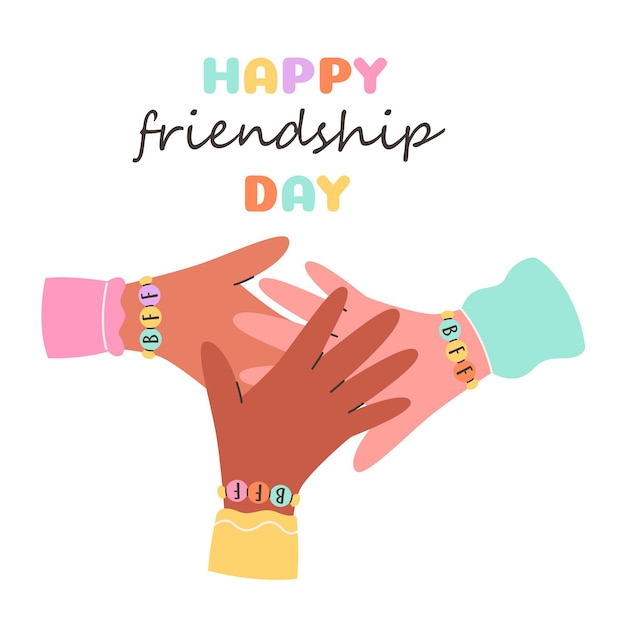 Feliz tarjeta de felicitación del Día de la Amistad Niños que llevan pulseras de amistad hechas a mano con cuentas de plástico