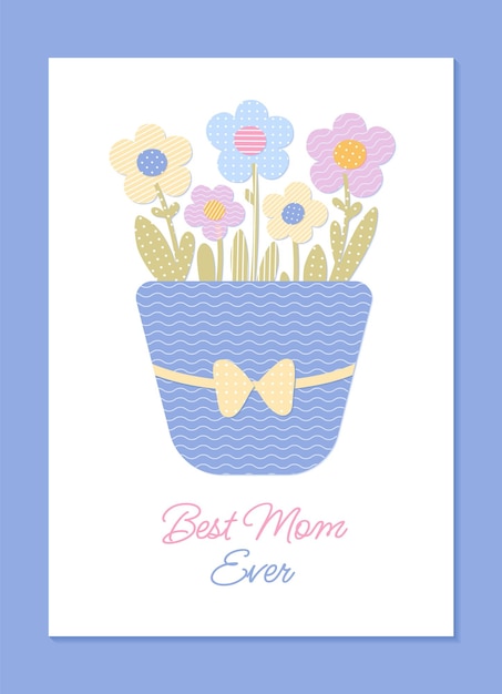 Feliz tarjeta de felicitación por el Día de la Madre en estilo infantil con flores de papel en una olla