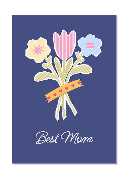 Feliz tarjeta de felicitación por el Día de la Madre en estilo infantil con flores de papel