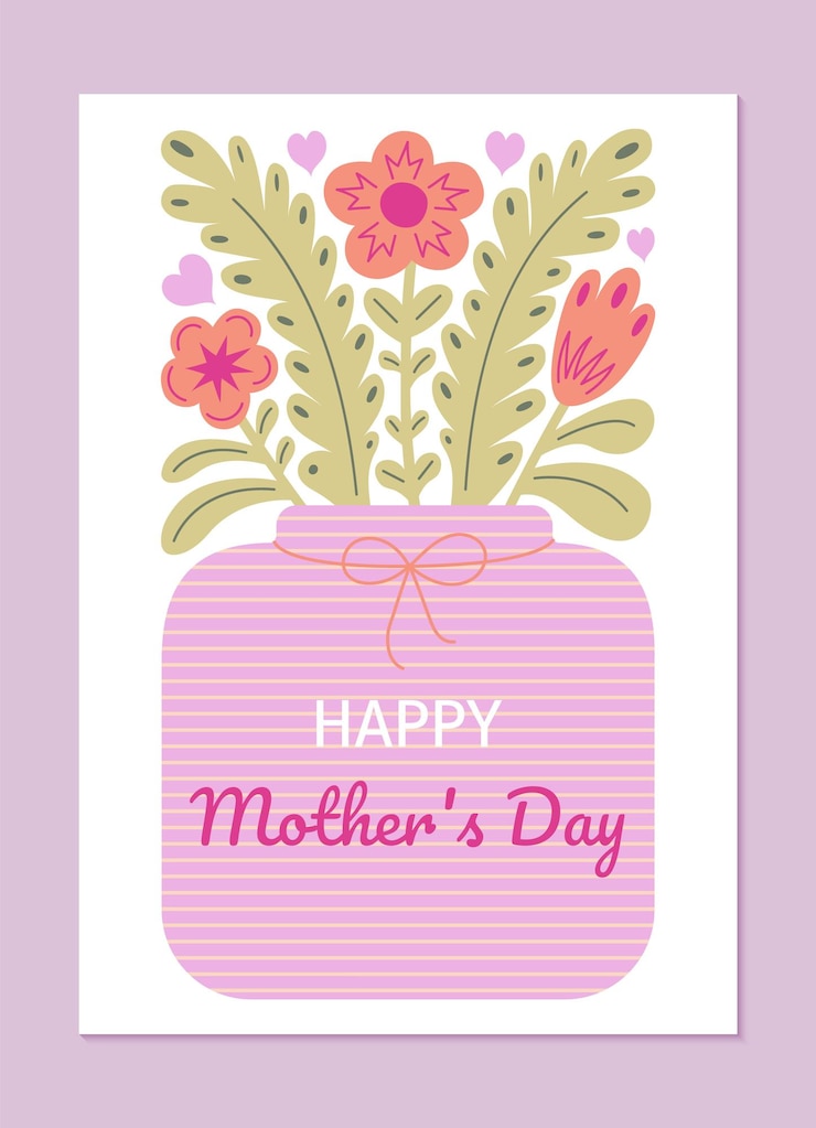 Vector feliz tarjeta de felicitación por el día de la madre con flores en un jarrón de estilo plano