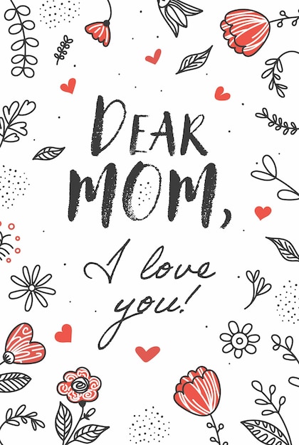 Feliz tarjeta de felicitación del Día de la Madre con hermosas flores y corazones Ilustración vectorial