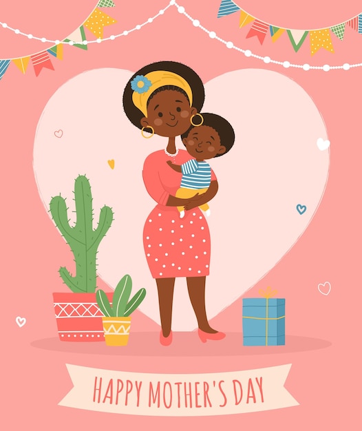 Vector feliz tarjeta de felicitación por el día de las madres con una madre afroamericana sosteniendo a su bebé ilustración vectorial