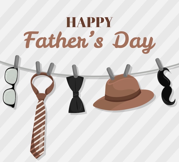 Feliz tarjeta de felicitación por el Día del Padre con accesorios masculinos colgados, gorro con sombrero y gafas de arco.