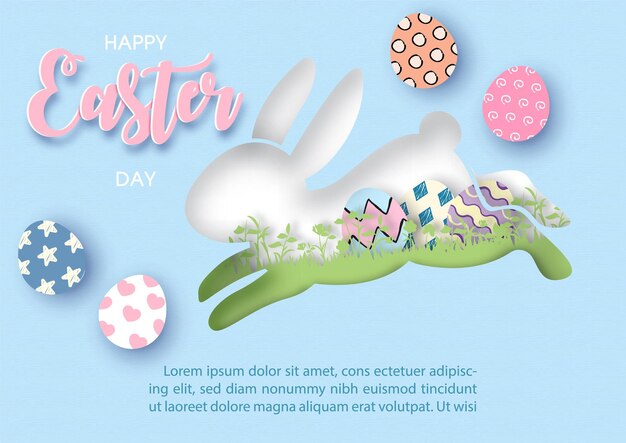 Feliz tarjeta de felicitación del día de pascua en capas de papel cortado al estilo de una forma de salto de conejo