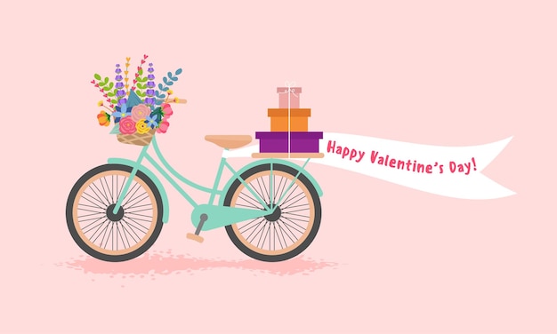Feliz tarjeta de felicitación del día de San Valentín con bicicleta, flores y regalos.