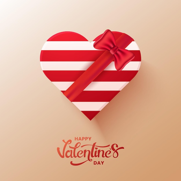 Feliz tarjeta de felicitación por el Día de San Valentín con caja de regalo en forma de corazón sobre fondo naranja pastel