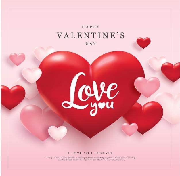 Feliz tarjeta de felicitación por el Día de San Valentín con corazones rosados y rojos