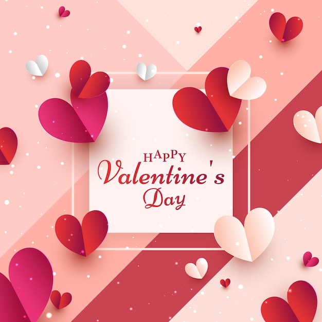 Feliz tarjeta de felicitación del Día de San Valentín decorada con corazones de papel en color rosa pastel y rojo