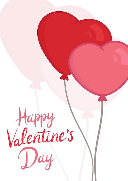 Feliz tarjeta de felicitación por el Día de San Valentín con dos globos rojos y rosados dibujados a mano en forma de corazón