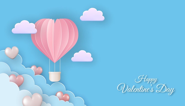 Feliz tarjeta de felicitación del día de san valentín en estilo de corte de papel nubes y corazones de globos de papel