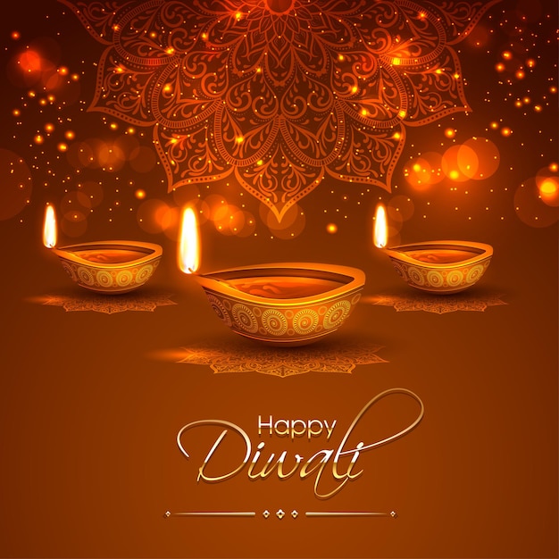 Feliz tarjeta de felicitación de diwali con intrincada caligrafía y lámpara de diwali