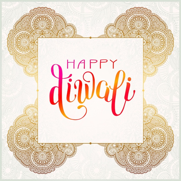 Feliz tarjeta de felicitación dorada de Diwali con inscripción escrita a mano a la comunidad de luz india