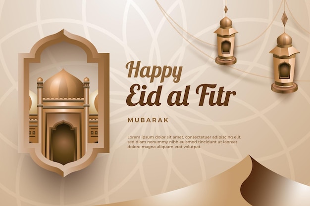 Feliz tarjeta de felicitación eid al fitr con un marco dorado y una lámpara sobre un fondo beige.