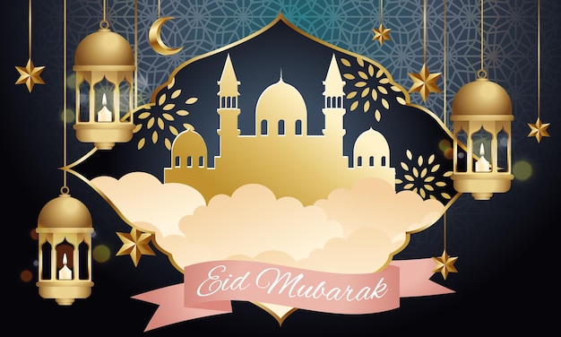 Feliz tarjeta de felicitación de Eid Mubarak decorada con estrellas y linterna dorada.