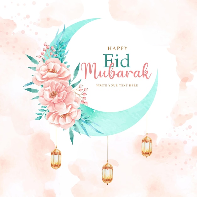 Vector feliz tarjeta de felicitación de eid mubarak con luna creciente y ornamento floral acuarela