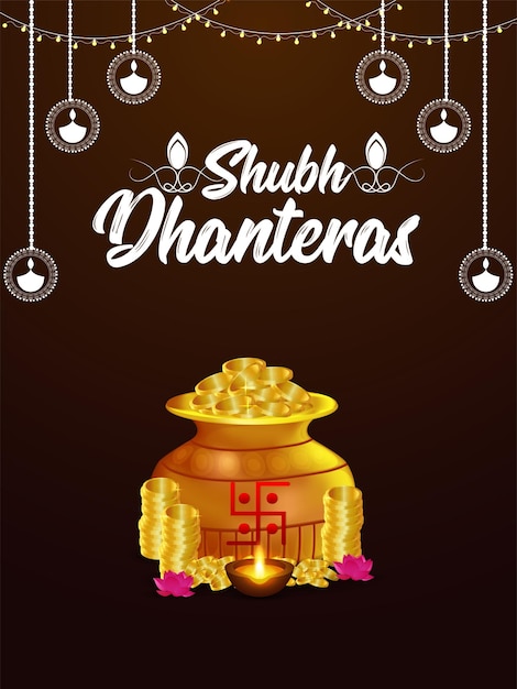 Feliz tarjeta de felicitación del festival indio de dhanteras con olla de monedas de oro y kalash