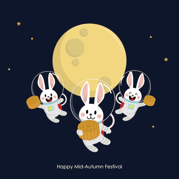 Feliz tarjeta de felicitación del festival del medio otoño con lindo conejo y pastel de luna.