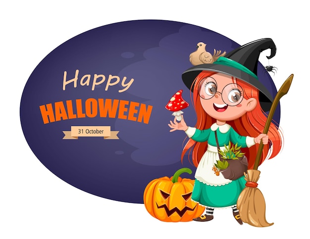Feliz tarjeta de felicitación de Halloween Bruja linda chica Personaje de dibujos animados de brujita hermosa