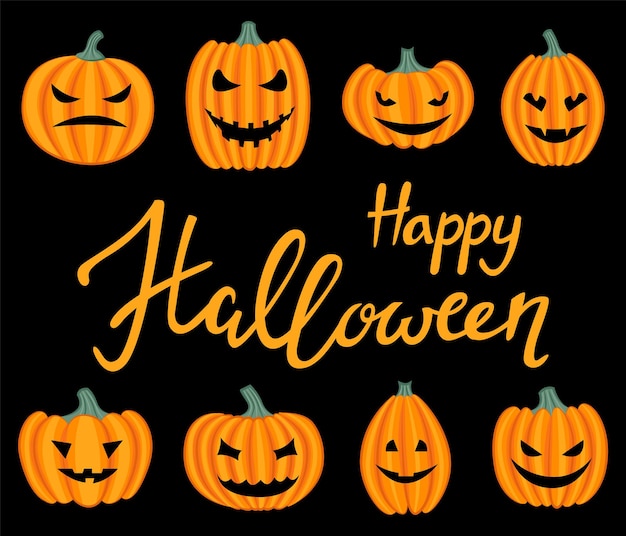Feliz tarjeta de felicitación de Halloween. Conjunto de calabazas sobre fondo negro