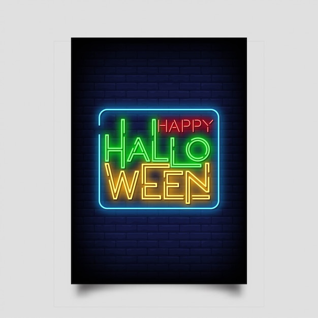 Vector feliz tarjeta de felicitación de halloween en estilo neón.