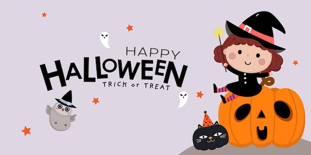 Vector feliz tarjeta de felicitación de halloween con linda bruja, búho, calabaza naranja y gato negro