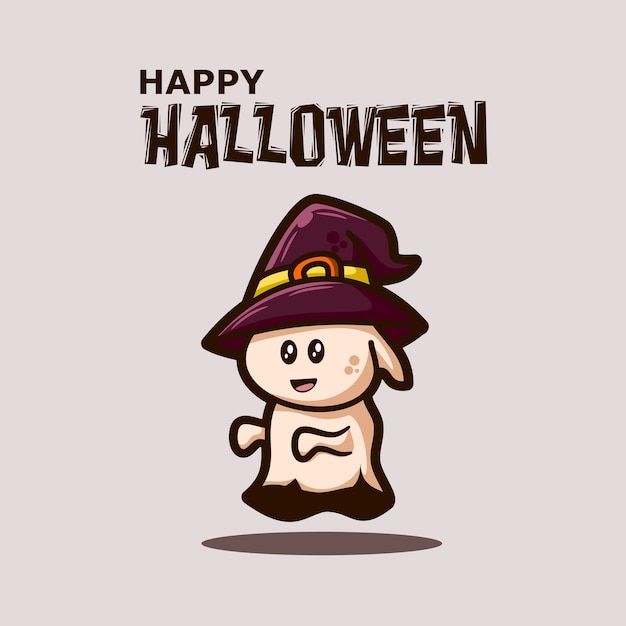 Feliz tarjeta de felicitación de halloween con lindo fantasma con sombrero de bruja