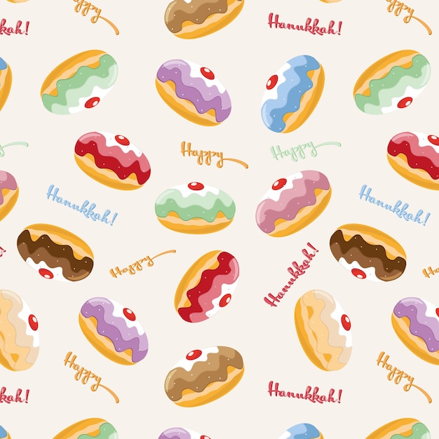 Vector feliz tarjeta de felicitación de hannyka con rosquillas tradicionales de gelatina y ilustración vectorial de fondo nevado