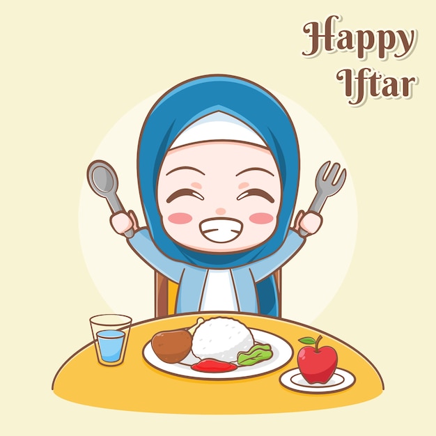 Feliz tarjeta de felicitación iftar con una linda chica comiendo ilustración de dibujos animados