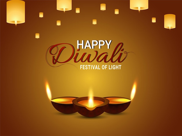 Feliz tarjeta de felicitación de ilustración de diwali con diwali diya y lámpara