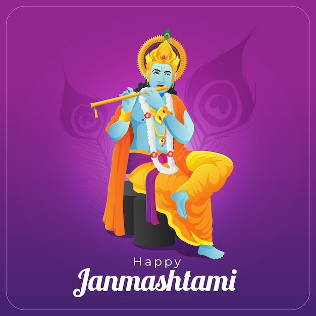 Feliz tarjeta de felicitación de janmashtami con lord krishna tocando la flauta dorada