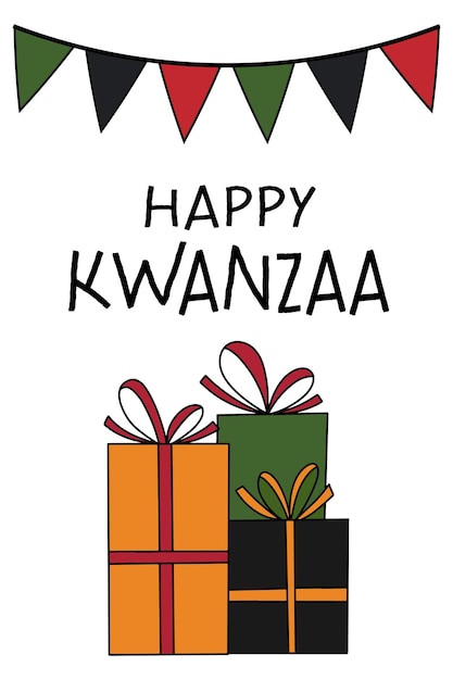 Feliz tarjeta de felicitación de kwanzaa con caja de regalo, empavesado de bandera de pila, lindo cartel vertical simple