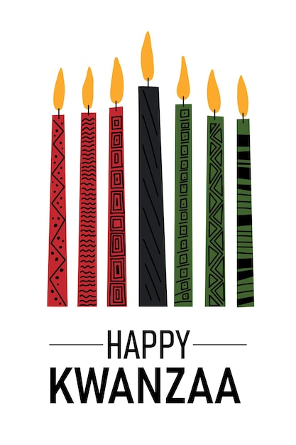 Feliz tarjeta de felicitación de Kwanzaa con kinara dibujada a mano, siete velas y texto